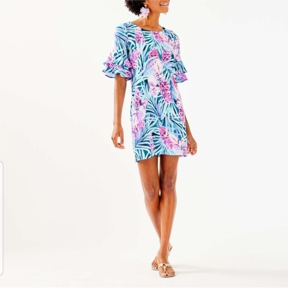 Lilly Pulitzer Lula Shift Dress Mister Pink Floral Birds Ruffle Sleeve size XS - Picture 9 of 9